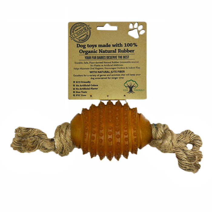 Indipets Natural Rubber Rugby Ball with Jute Rope Toy