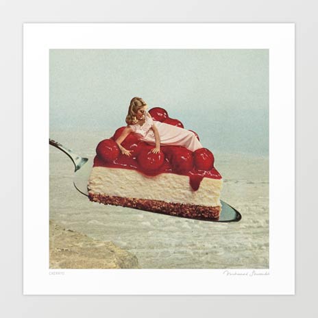Cherryo surreal art print — a glamorous vintage 1960s blonde woman in a pale pink evening gown reclining on top of a glossy cherry cheesecake slice on a silver cake server against a pale hazy coastal horizon, retro kitsch fantasy food art for kitchens dessert restaurants cheesecake cafes bakeries and vintage pin-up art lovers