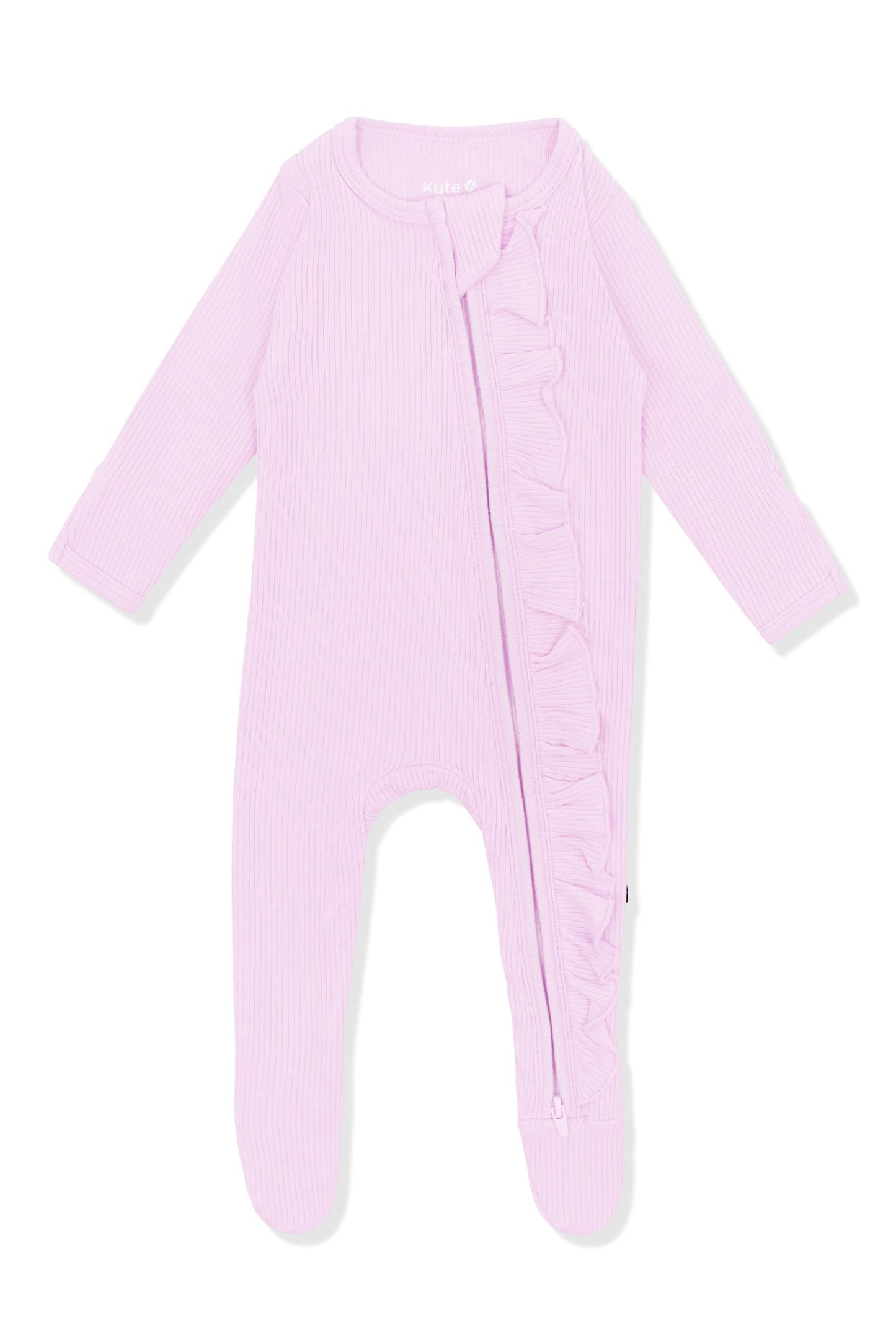 Ribbed Ruffle Zipper Footie in Thistle