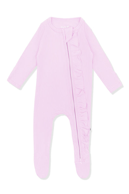 Ribbed Ruffle Zipper Footie in Thistle