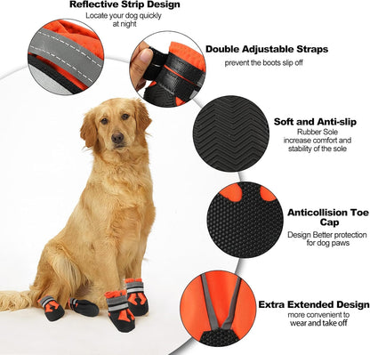 HAPURS - waterproof dog boots with reflective straps - non-slip, adjustable protection for outdoor adventures (Orange)