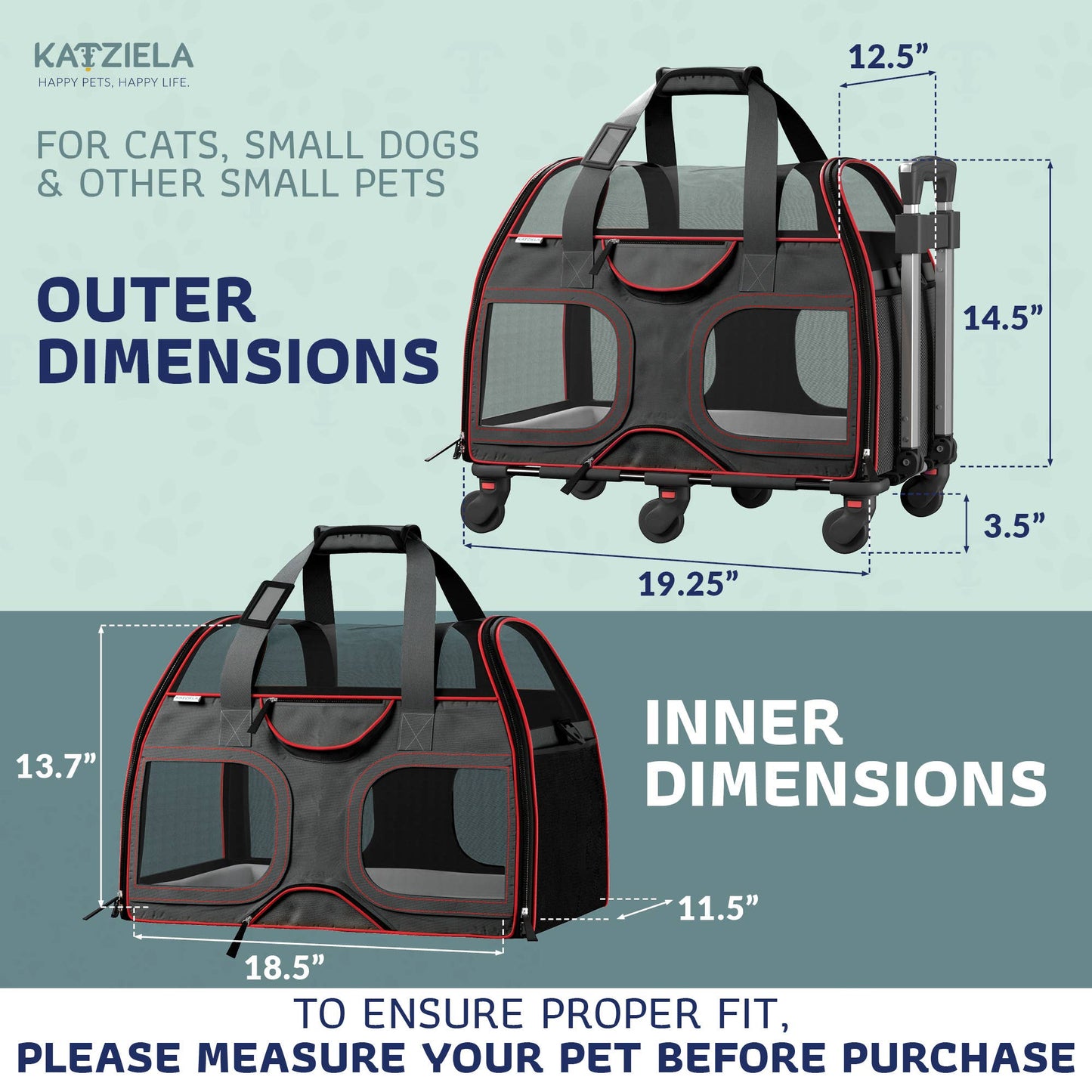 Katziela - Luxury Rider Pet Carrier with Removable Wheels - 4 Colors