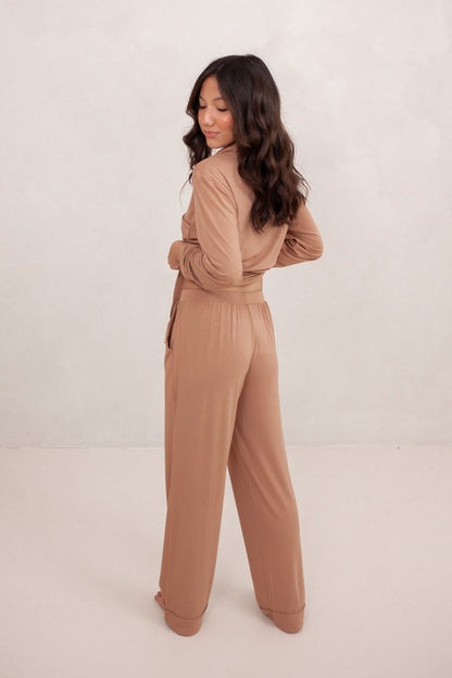 Long-Sleeved Women's Pajama Set in Latte with Latte Trim