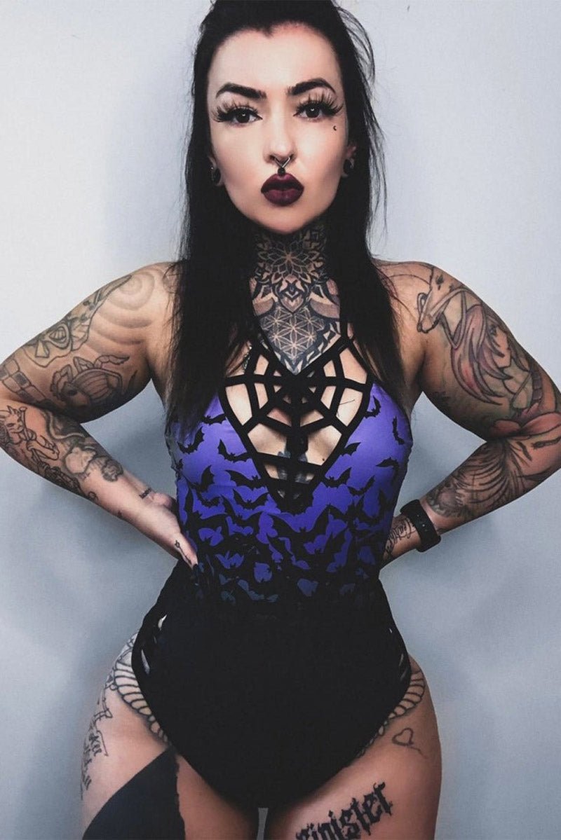 Bats in Purple Sky One Piece Swimsuit [BLACK/PURPLE]