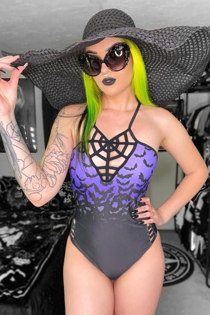 Bats in Purple Sky One Piece Swimsuit [BLACK/PURPLE]