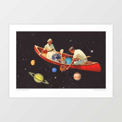 Big Bang Generation surreal art print horizontal — 1950s couple in a red lacquered wooden canoe floating through deep space starfield the woman in white dress holding a paddle at the back the man leaning forward collecting a planet with Earth Saturn Jupiter and other planets scattered around the canoe, surreal romantic cosmic space print for bedrooms living rooms and eclectic interiors