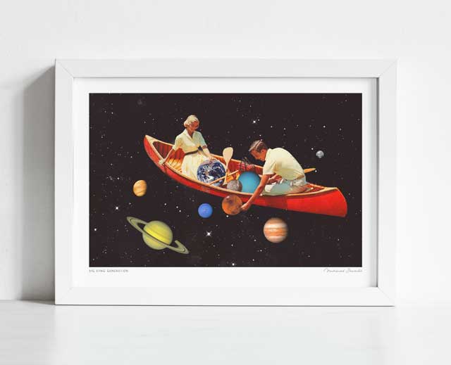 Big Bang Generation art print framed horizontal — surreal vintage collage of a 1950s couple in a classic red canoe navigating deep space surrounded by Saturn with rings Jupiter Earth and multiple planets in a perfect black starfield, romantic kitsch space art for creative studios science lovers and gallery walls