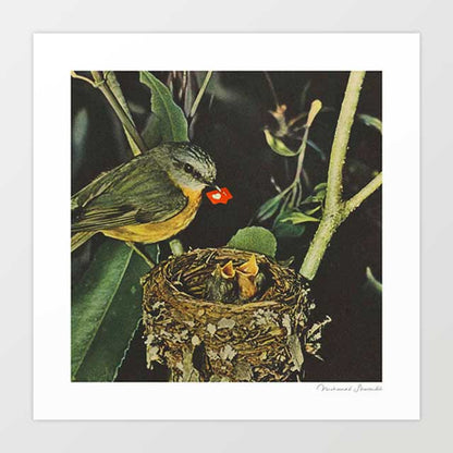 Birdie Likes surreal art print — bird feeding chicks a social media like icon in a nest, witty nature and digital culture wall art for eclectic and creative interiors