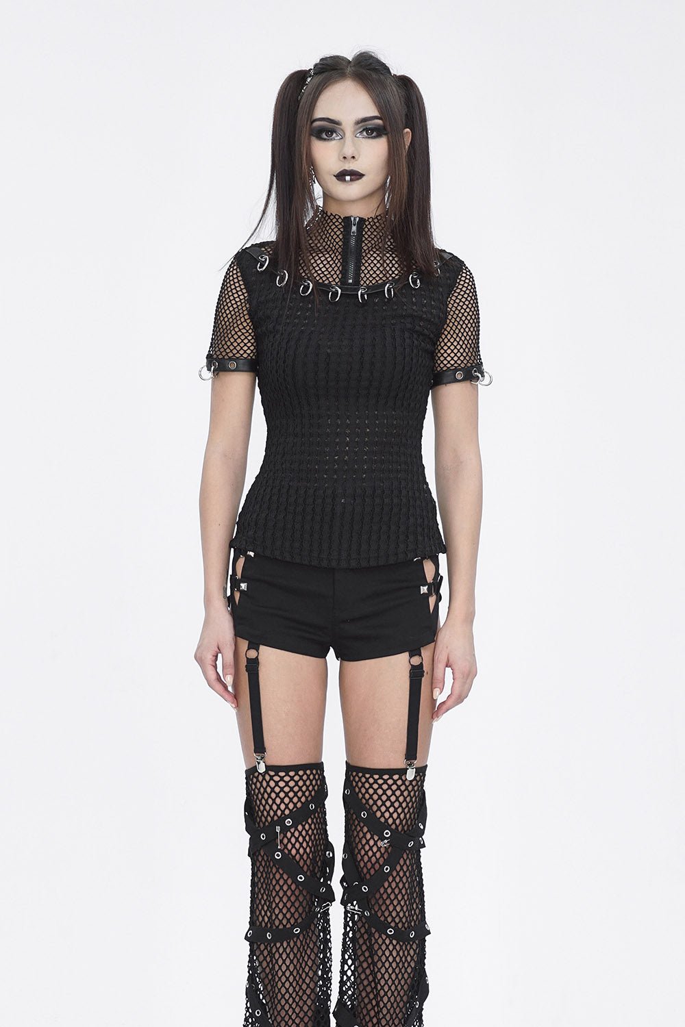 Black Metal Pierced Fishnet Top