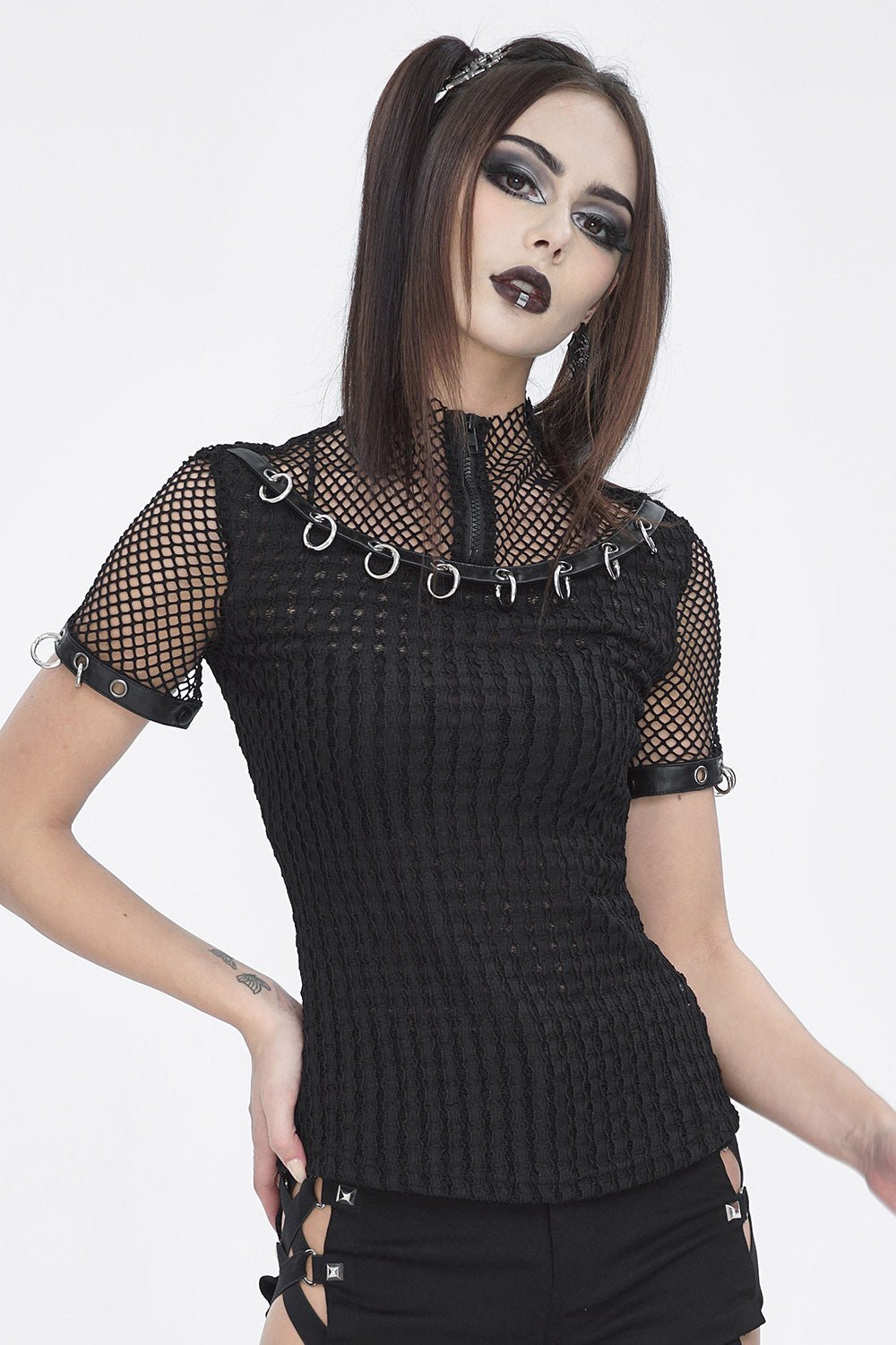 Black Metal Pierced Fishnet Top