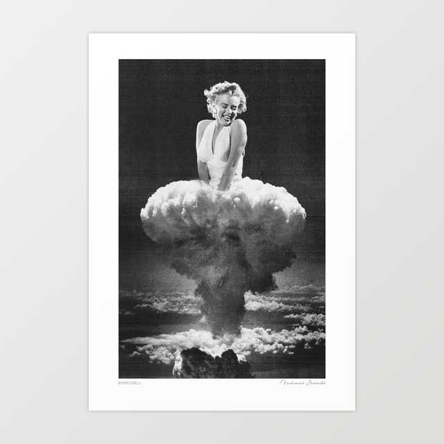 Surreal black and white art print celebrating classic Hollywood bombshell glamour — bold monochrome vintage wall art for bedrooms and dressing rooms