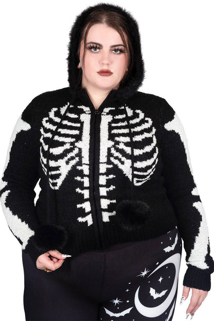 Bony Rib Cage Skeleton Fur Zip Sweater [BLACK/WHITE]