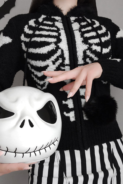 Bony Rib Cage Skeleton Fur Zip Sweater [BLACK/WHITE]