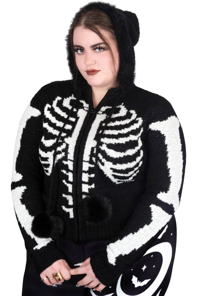 Bony Rib Cage Skeleton Fur Zip Sweater [BLACK/WHITE]