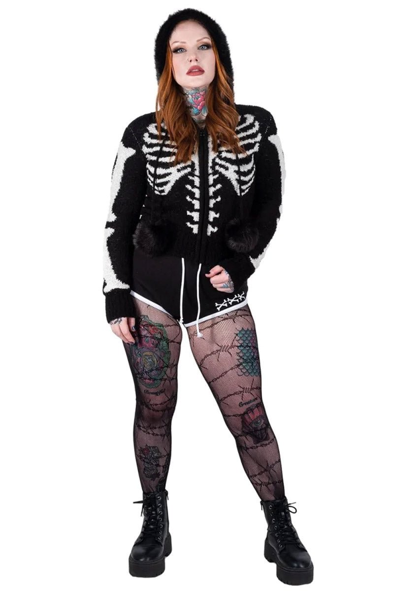 Bony Rib Cage Skeleton Fur Zip Sweater [BLACK/WHITE]