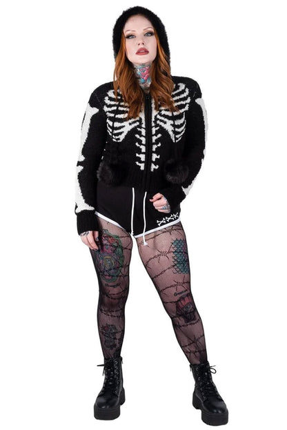 Bony Rib Cage Skeleton Fur Zip Sweater [BLACK/WHITE]