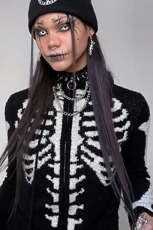 Bony Rib Cage Skeleton Fur Zip Sweater [BLACK/WHITE]