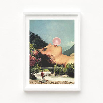 Bubble Gum Girl art print in situ — whimsical pastel pink pop art poster for teen rooms, girls bedrooms and gallery walls
