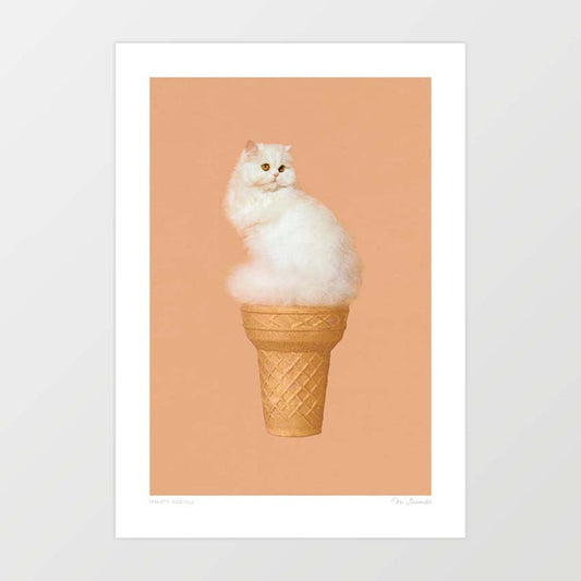 Cat Ice Cream Peach art print — fluffy white Persian cat with amber eyes sitting atop a golden waffle cone against a warm peach background, minimal aesthetic cat gelato wall art for kitchens, bedrooms and boutique interiors