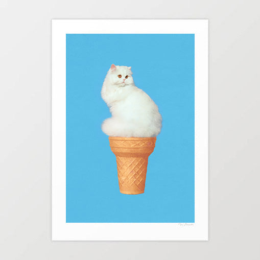 Cat Ice Cream Blue surreal art print — pristine fluffy white Persian cat sitting perfectly on top of a golden waffle ice cream cone against a flat vivid sky-blue background, the cat's round white fur indistinguishable from a vanilla ice cream scoop, direct unimpressed gaze at the viewer, minimalist surreal pop art for cat lovers, ice cream parlours and eclectic interiors