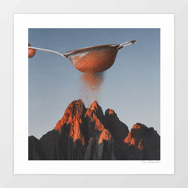 Cocoa Dusk square format surreal art — kitchen sieve sprinkling warm cocoa powder over sunlit mountain peaks at dusk, the cocoa and rock faces the same golden amber tone, surrealist food and nature collage for cafe decor chocolatier interiors and mountain lover gift ideas