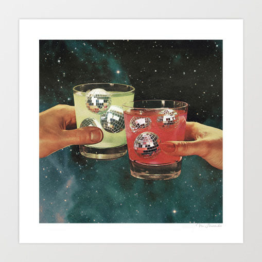 Cosmic Cheers Disco Ball Margarita surreal art print square format — two hands clinking short tumbler rocks glasses in a toast against a deep space nebula starfield, pale citrus margarita in one glass and deep pink cosmopolitan in the other, both filled with floating miniature mirror disco balls, retro cosmic bar cart wall art for home bars, cocktail lounges and disco lovers