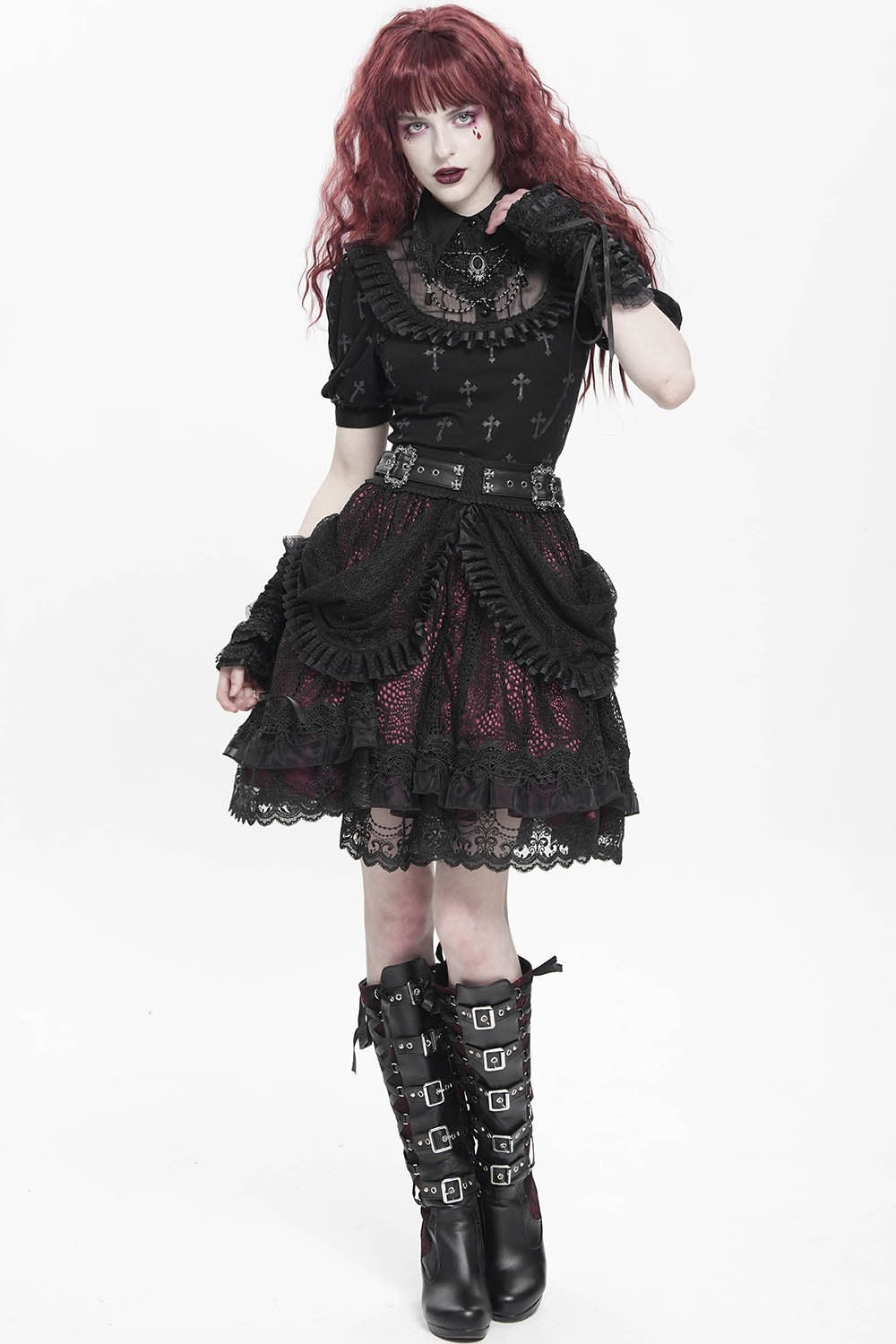 Crimson Veil Ruffle Skirt