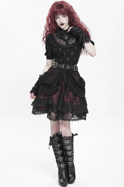 Crimson Veil Ruffle Skirt