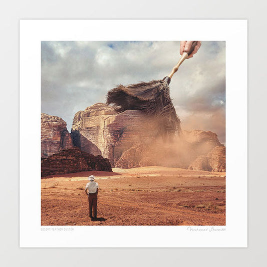 Surreal desert landscape art print — giant hand dusting Wadi Rum sandstone formations, lone figure, cinematic Middle East wall art by Vertigo Artography