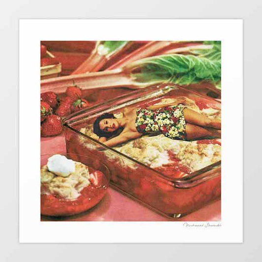Deserted on a Dessert surreal art print — 1960s woman in floral mini dress reclining inside a glass Pyrex dish of strawberry and rhubarb crumble with fresh strawberries and rhubarb stalks in vintage cookbook food photography style, retro kitsch kitchen print for diners cafes and eclectic interiors