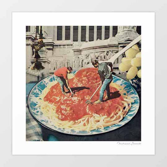 Diggin Men at Work surreal art print square — two 1960s workmen in jeans raking a giant plate of spaghetti bolognese with meatballs on a blue and white ceramic plate against a black and white Roman neoclassical monument backdrop with cream grapes and large white fork, surreal Italian food humour print for restaurants trattorias and eclectic kitchens
