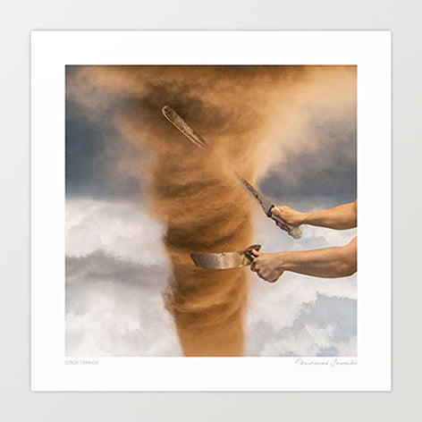 Surreal art print — two hands carving a spinning doner kebab tornado from storm clouds, meat shavings spiralling into a dramatic sky, surreal food wall art by Vertigo Artography