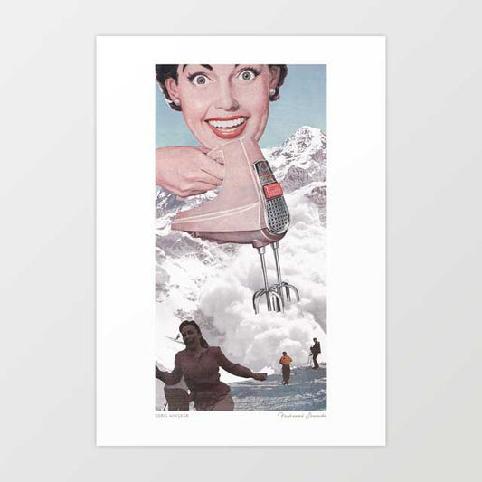 Doris Whisker surreal art print — giant 1950s housewife whisking an alpine avalanche with a retro pink hand mixer, kitsch vintage wall art for quirky and eclectic interiors