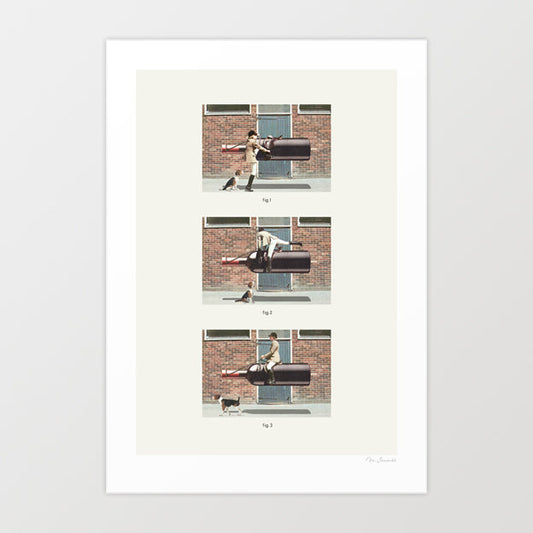 Eqwine Ride surreal art print — three sequential vintage instructional panels Fig 1 Fig 2 and Fig 3 on cream background, woman in traditional English equestrian attire with riding jacket jodhpurs and black riding boots mounting and riding a giant horizontal dark wine bottle against a brick wall with teal painted door, beagle hound watching and trotting alongside, surreal equestrian wine lover wall art for wineries, country houses and horse enthusiasts