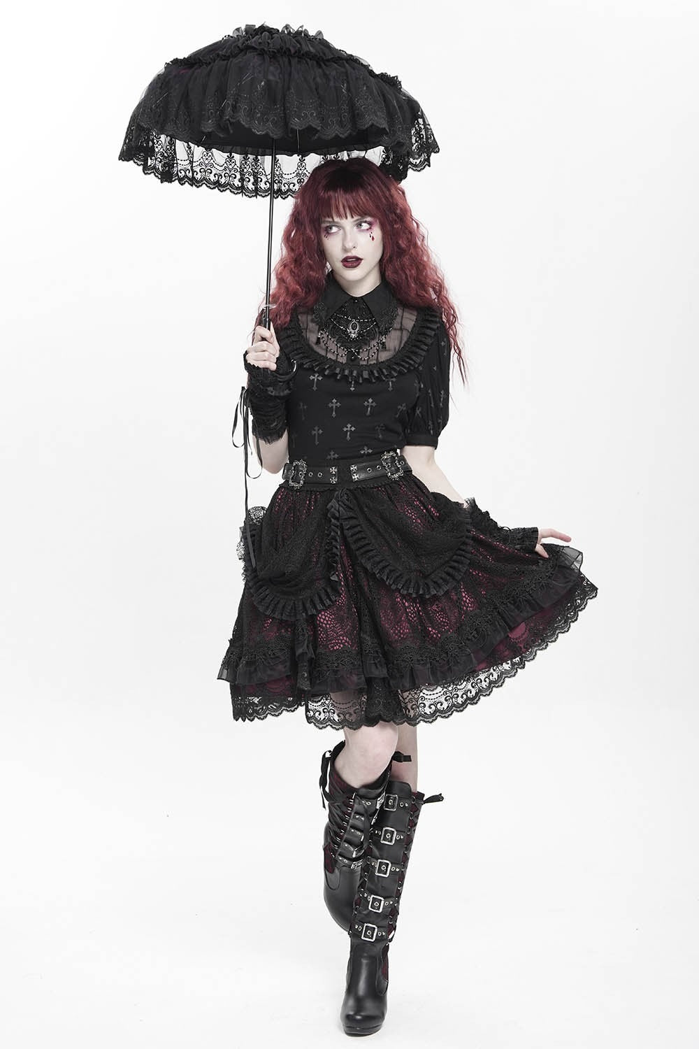 Crimson Veil Ruffle Skirt