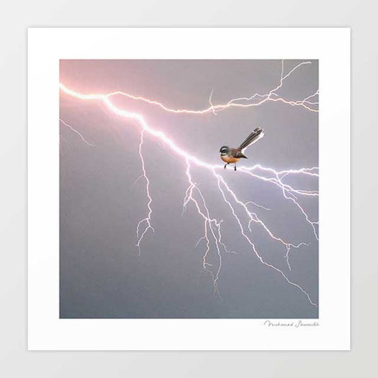 Surreal art print of a fantail bird perched on a powerful lightning bolt — dramatic bird wall art for contemporary interiors