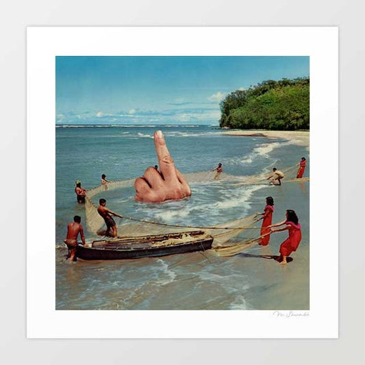 Surreal art print — vintage 1970s tropical beach scene with a group of people hauling a large fishing net from turquoise shallow water beside a wooden fishing boat on white sand, lush green tropical trees and blue sky, a giant human hand with finger raised dramatically emerging from the sea at the centre of the net, warm saturated vintage travel photography colours, ironic surreal coastal wall art for beach houses, holiday homes and bold eclectic interiors