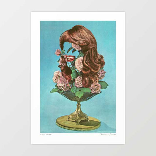 Floral Portrait surreal art print — woman's face intricately merged with blooming flowers, bold botanical collage wall art for modern, eclectic and feminine interiors.