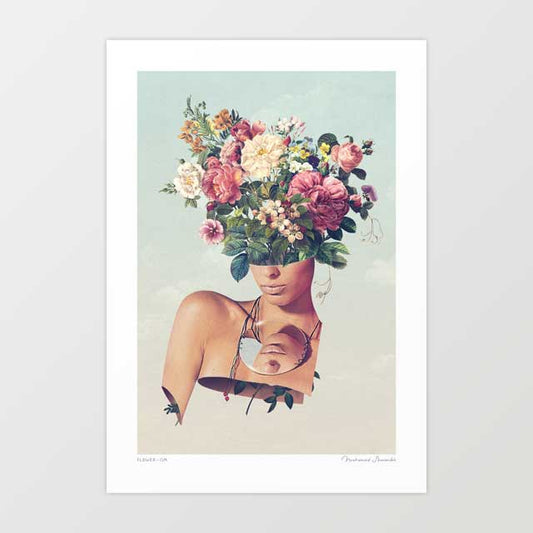 Flower-ism surreal art print — woman with cascading floral blooms replacing her head, bold botanical feminist portrait wall art for eclectic and creative interiors