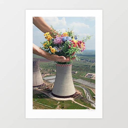 Surreal environmental art print — hands gently placing a vibrant wildflower bouquet of chrysanthemums and dahlias into a nuclear cooling tower from above, transforming industry into nature, climate change wall art by Vertigo Artography