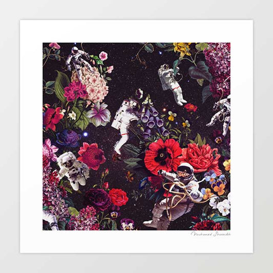 Surreal art print of astronauts floating weightlessly through a star-filled galaxy of roses, poppies and wild botanicals — psychedelic cosmic floral wall art