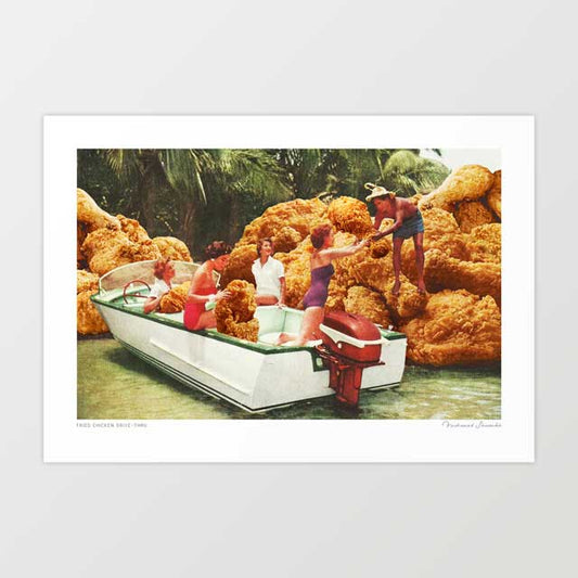 Fried Chicken Drive-Thru surreal art print horizontal — 1960s white and green motorboat with red outboard motor carrying four people in holiday wear navigating shallow tropical water between towering cliffs of golden crispy fried chicken pieces with palm trees in the background, surreal kitsch retro food humour print for restaurants bars and eclectic interiors