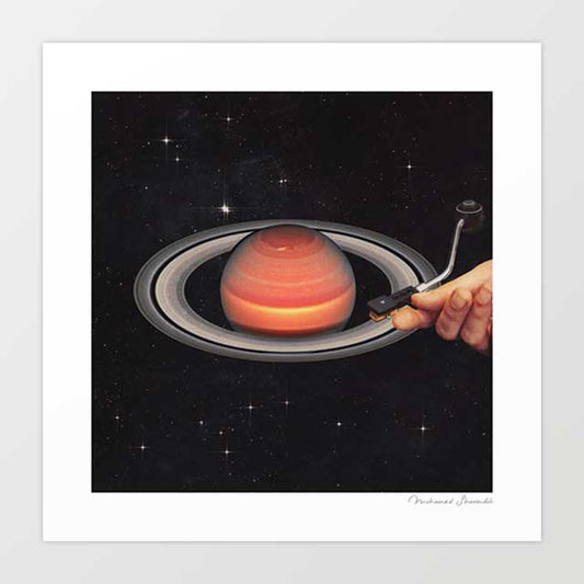 Galactic DJ surreal art print — human hand holding turntable tonearm and stylus dropping needle onto the rings of a warm coral Saturn against pure black star-scattered deep space, vinyl record music lover cosmic wall art for bold eclectic and music-led interiors