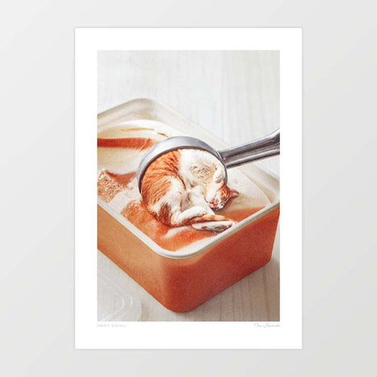 Ginger tabby cat shaped as vanilla ice cream scoop on neutral background - whimsical surreal cat wall art print