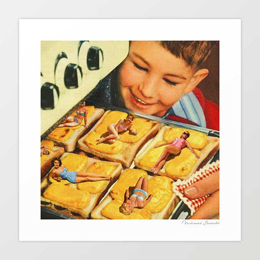 Girls on Toast surreal art print — 1950s pin-up women lounging on golden cheese toast with a smiling retro boy, kitsch food pop art for quirky kitchens, cafes and eclectic interiors