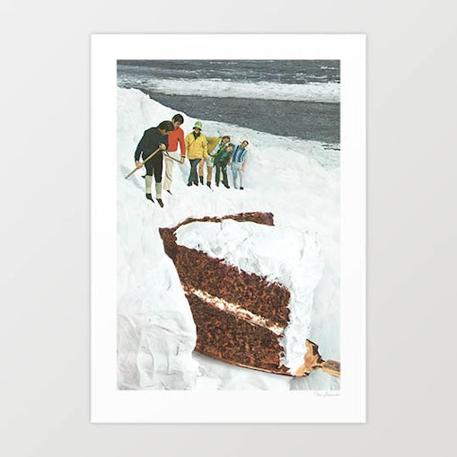 Glacier Calving Cake surreal art print — five people in colourful 1970s outdoor winter hiking gear on a vast white glacier snowfield, one with a walking pole, examining an enormous chocolate layer cake slice that has calved from the glacier face, rich dark sponge with cream filling and white frosting seamlessly matching the glacier surface, vintage expedition photography, surreal retro food and landscape wall art for kitchens, bakeries and outdoor enthusiast interiors
art