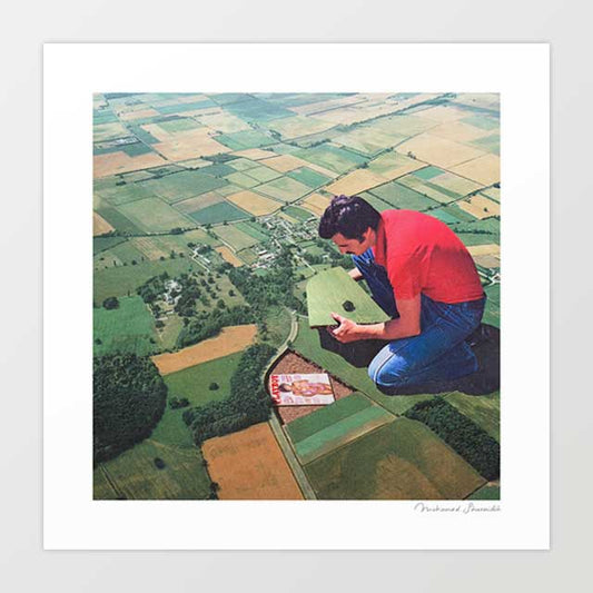 Surreal collage art print of a giant man discovering hidden treasure in an aerial puzzle landscape — quirky retro wall art