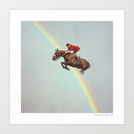 Surreal art print of a horse and rider leaping effortlessly across a glowing rainbow suspended in open sky — bold equestrian fantasy wall art