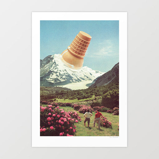 Ice Cream Peak Mountain Meltdown art print — giant upside-down waffle cone with melting vanilla ice cream positioned over snow-capped alpine peaks, the ice cream and glacial snow blending seamlessly, two figures in a pink rhododendron wildflower meadow below, surreal retro mountain landscape wall art for kitchens, cafes and outdoor lovers