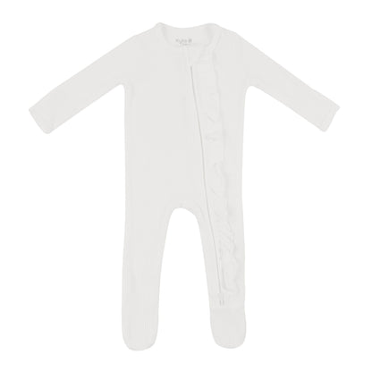 Ribbed Ruffle Zipper Footie in Cloud